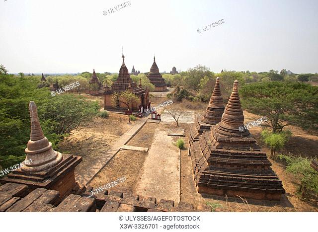 View of stupas and temples near Alotawpyae temple, Old Bagan and Nyaung U village area, Mandalay region, Myanmar, Asia