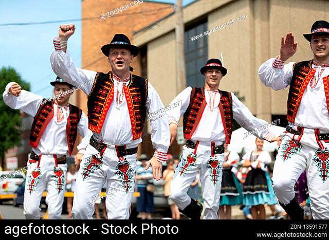Whiting, Indiana, USA - July 28, 2018 Men and women wearing traditional slovak clothing perform traditional slovak dances at the Pierogi Fest
