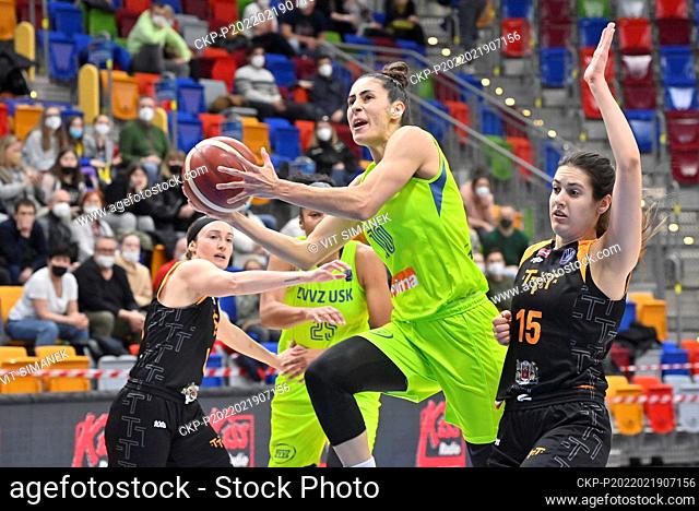 R-L Ieva Pulvere (Riga) and Maria Conde (USK) in action during the women's basketball EuroLeague, group A, 13th round, ZVVZ USK Praha vs TTT Riga