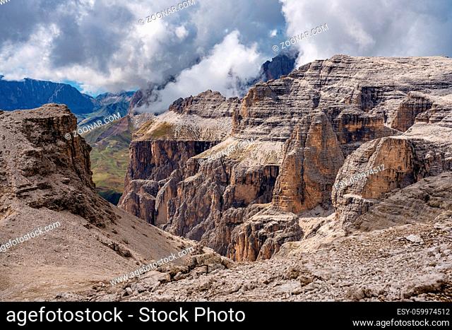The Sass Pordoi is a relief of the Dolomites, in the mountainous Sella group, Trento province, Italy