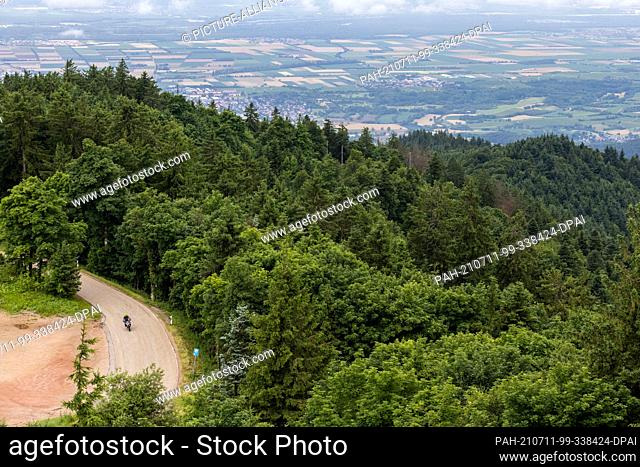 11 July 2021, Baden-Wuerttemberg, Schliengen: A motorcyclist rides up a road below the summit of Hochblauen, while the Rhine plain can be seen in the background