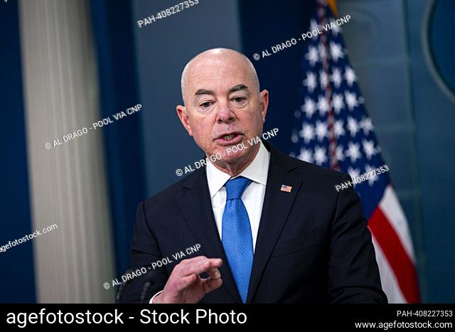 United States Secretary of Homeland Security Alejandro Mayorkas speaks during a news conference in the James S. Brady Press Briefing Room at the White House in...