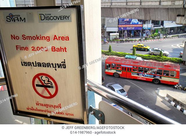 Thailand, Bangkok, Pathum Wan, Phaya Thai Road, bus, Skywalk, view, overhead, aerial, Siam Center, centre, complex, mall, shopping, sign, no smoking, fine
