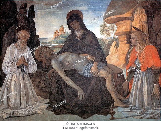Pietà with Saint Jerome, and Saint Mary Magdalene. Perugino (ca. 1450-1523). Tempera on panel. Renaissance. ca 1470. Galleria Nazionale dell'Umbria, Perugia