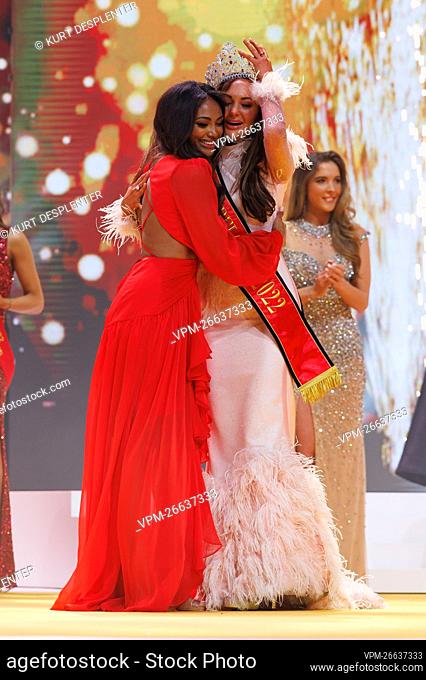 New Miss Belgium 2022 Chayenne van Aarle and Miss Belgium 2021 Kedist Deltour pictured during the Miss Belgium 2022 beauty contest