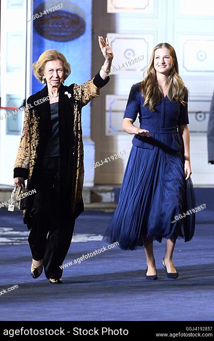 Crown Princess Leonor, The former Queen Sofia leave the Campoamor Theatre for the Ceremony during Princess of Asturias Awards 2023 on October 20, 2023 in Oviedo