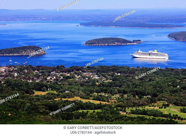 An aerial view of Bar Harbor Maine USA with a cruise ship in port
