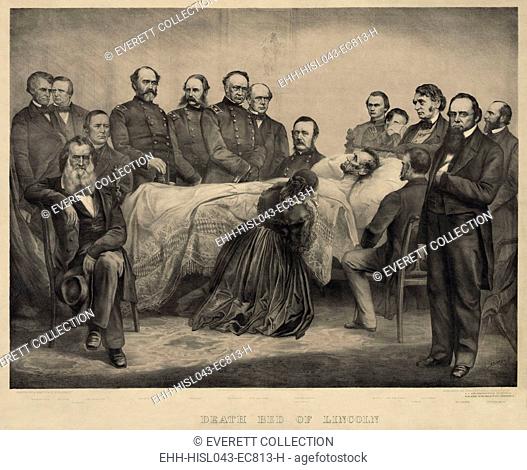 Military commanders and Cabinet members witness Abraham Lincolns death on April 15, 1865. Mary Lincoln kneels at her husbands bedside in a commemorative...