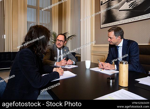 New State Secretary for Budget Alexia Bertrand, Justice Minister Vincent Van Quickenborne and Prime Minister Alexander De Croo pictured during a meeting between...