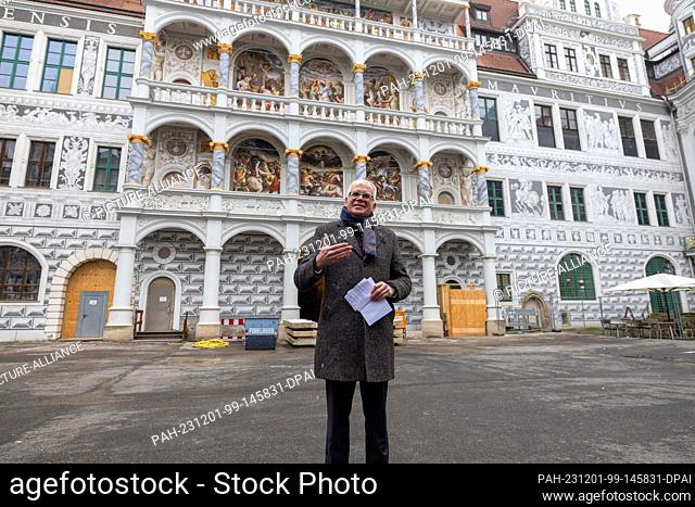 01 December 2023, Saxony, Dresden: Saxony's Finance Minister Hartmut Vorjohann (CDU) speaks at the press event to mark the completion of the restoration of the...