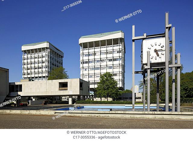 Marl, D-Marl, Ruhr area, Westphalia, North Rhine-Westphalia, NRW, city hall with clock tower at the Creiler Platz, secular building, two office towers