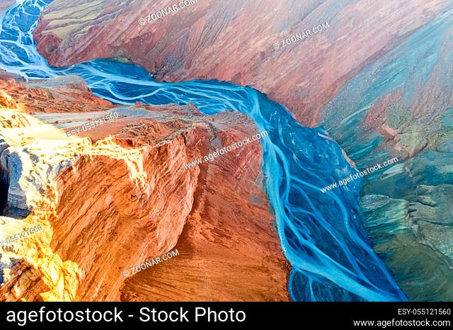 aerial view of canyon and riverbed, xinjiang anjihai, China