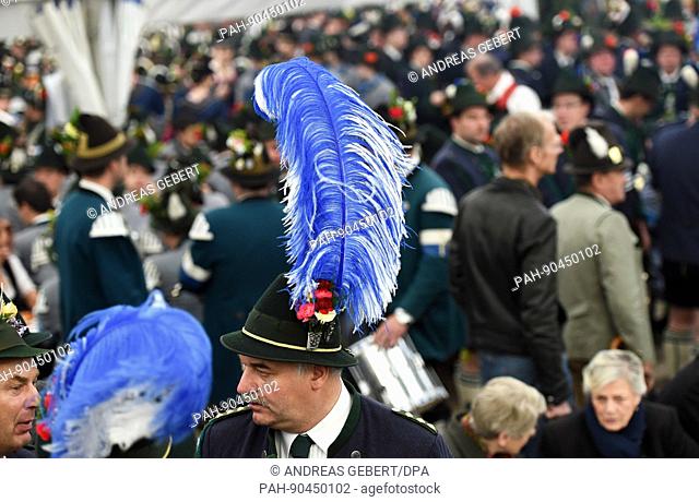 Members of a traditional Bavarian Gebirgsschuetzen (lit. mountain marksmen) club in a beer tent during traditional Patronatstag feast day celebrations in...