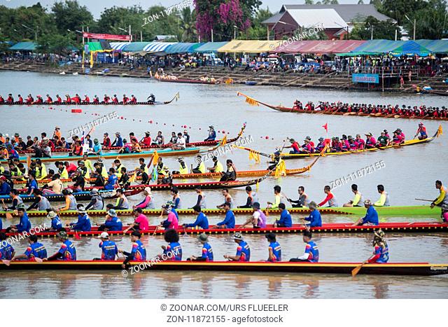 The traditional Longboat Race at the Khlong Chakarai River in the Town of Phimai in the Provinz Nakhon Ratchasima in Isan in Thailand