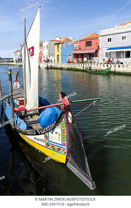 Traditional Moliceiro Boats, Cais dos Botiroes. Aveiro in Portugal on the coast of the Atlantic. Because of the many channels Aveiro is called the venice of...