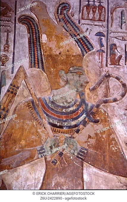 Thèbes, West Bank, Kings Valley, Seti I tomb (KV17). Side room, pillar, Osiris between imyut-emblems
