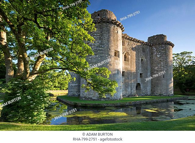 Nunney Castle and moat in summer in the village of Nunney, Somerset, England, United Kingdom, Europe
