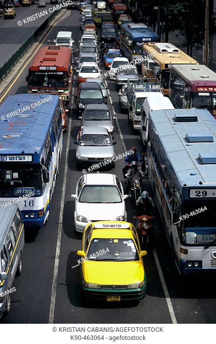 Traffic Jam in on Ploenchit Road, downtown Bangkok, Thailand, Asia