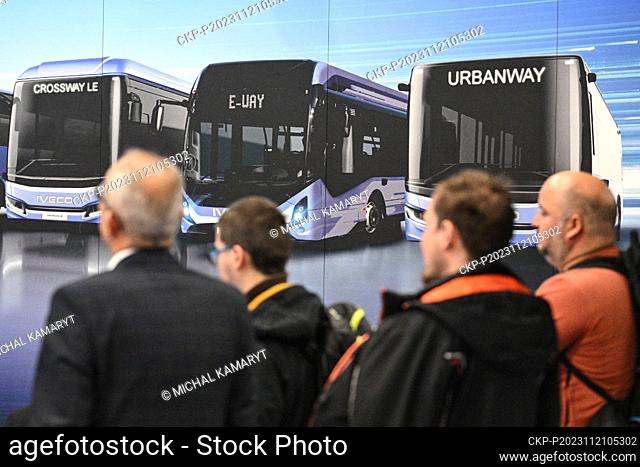 Visitors view an Iveco Crossway electric bus at the 12th edition of bus transport trade fair CzechBus in Prague, Czech Republic, November 21, 2023