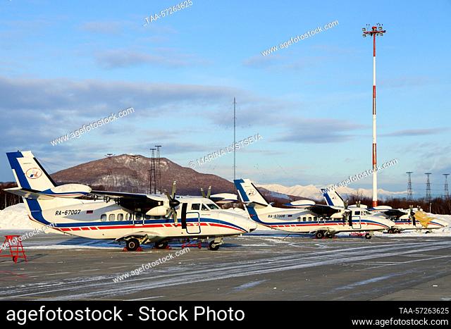 RUSSIA, KAMCHATKA REGION - FEBRUARY 7, 2023: Let L-410 Turbolet transport aircraft of Kamchatka Air Enterprise are pictured at Petropavlovsk-Kamchatsky...