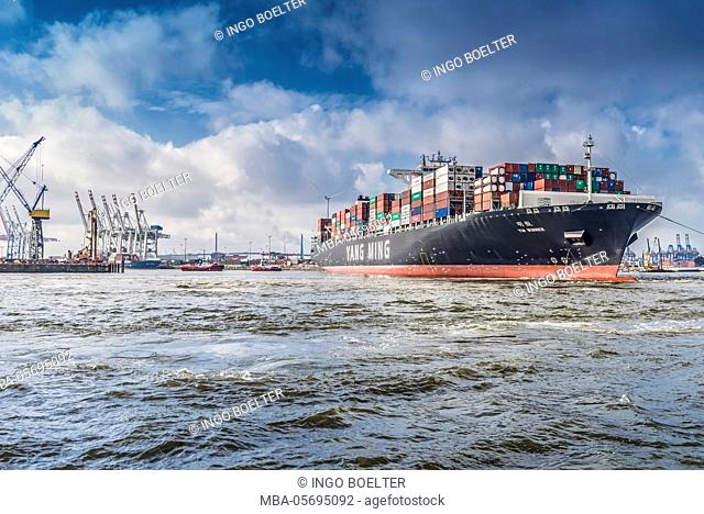 Germany, Hamburg, the Elbe, fish market, harbour, container terminal, container ship, container, tug, tugboat