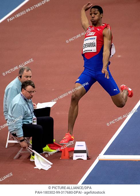 02 March 2018, Great Britain, Birmingham: IAAF World Indoor Championships in Athletics, Men, Long Jump:  Juan Miguel Echevarria of Cuba in action