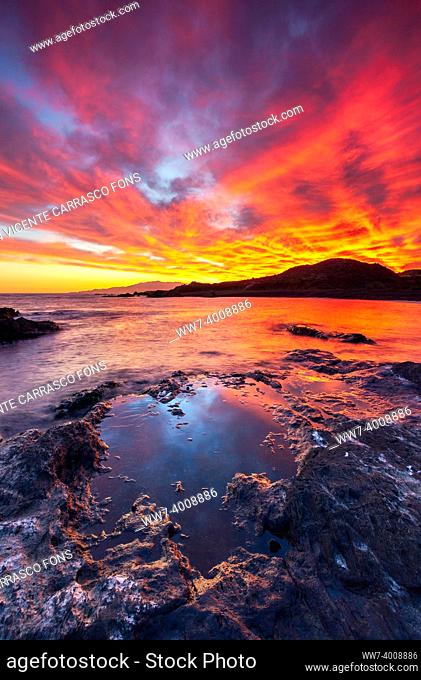 Sunset at beach, Almeria coast, Andalusia, Spain