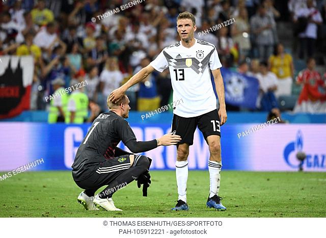 after the end of the game troubles Thomas Mueller (Germany) goalkeeper Robin Olsen (Sweden). GES / Football / World Championship 2018 Russia: Germany - Sweden