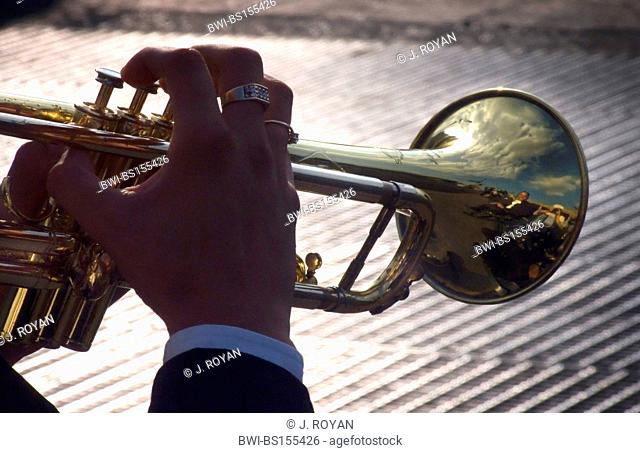 Hands of a trumpet player. Mariachis in Plaza Garibaldi, Mejico, Mexico