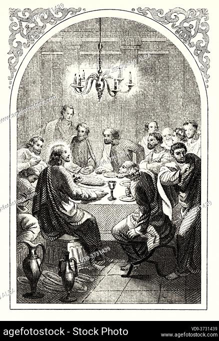 The Last Supper. Old XIX century engraving illustration. Old 1852 Epithalamion. Collection of exercises prayers and trades