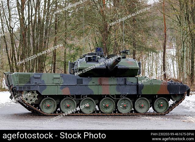 03 February 2023, Bavaria, Pfreimd: A new German Army Leopard 2 A7V tank stands on the barracks grounds during the ceremonial handover for Tank Battalion 104