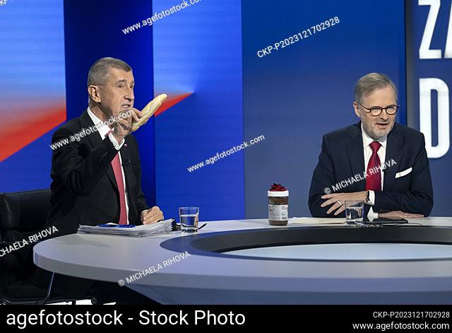 Czech Prime Minister Petr Fiala (ODS), right, and former PM Andrej Babis (ANO) attend a discussion programme on Nova TV, Five Minutes to Twelve, Prague