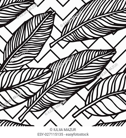 Simple seamless tropical jungle floral pattern background with handdrawing doodle leaves, horisontal zig-zag texture. Universal summer patterrn for your...