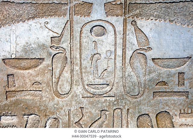 Luxor, Egypt. Temple of Merenptah (Baenra Meriamon) XIX° dyn. son of Ramses II the Great: the regalia of the Pharaoh Nebmaatra Sethi I