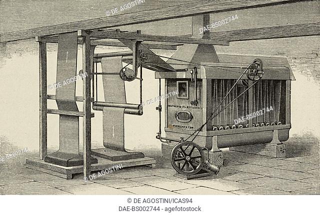 Machine for steaming fabrics, produced by Mather & Platt, Manchester, United Kingdom, illustration from L'Industria, Rivista tecnica ed economica illustrata