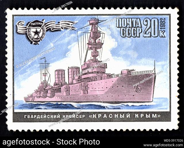 USSR - CIRCA 1982: Vintage postage stamp about navy. Retro postage stamp isolated. Stamp with image of Soviet destroyer. Old Soviet postage stamp dedicated to...
