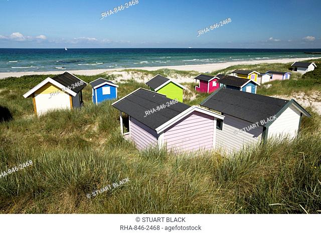Colourful beach huts in sand dunes, Skanor Falsterbo, Falsterbo Peninsula, Skane, South Sweden, Sweden, Scandinavia, Europe