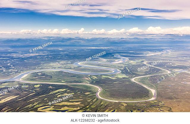 Aerial view of the Kobuk River with the Baird Mountains visible in the background, Arctic Alaska, summer