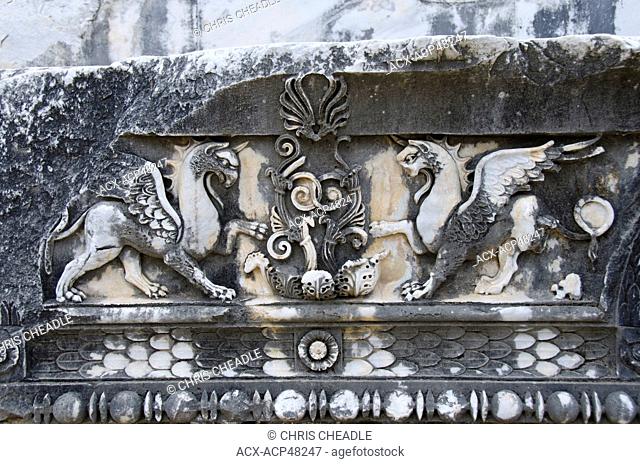 Details of marble Gryphon carvings at Didyma, an ancient Ionian sanctuary, in modern Didim, Turkey, containing the Temple of Apollo, the Didymaion