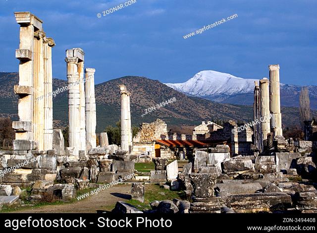 Ruins of old temple and snow mountain in Aphrodisias, Turkey