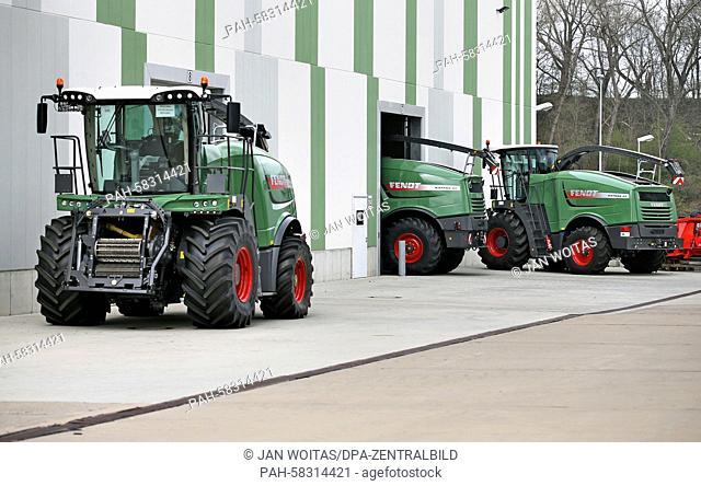 An employee drives a Fendt Katana 65 corn chopper to do the quality check on the compound of former barracks of the German armed forces in Hohenmoelsen, Germany