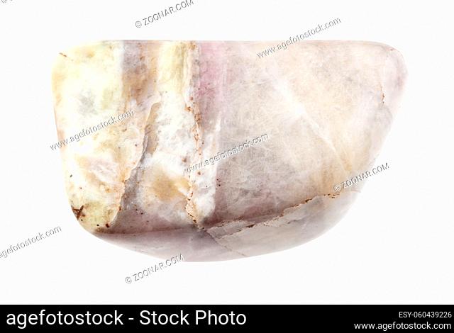 closeup of sample of natural mineral from geological collection - polished Cancrinite rock isolated on white background