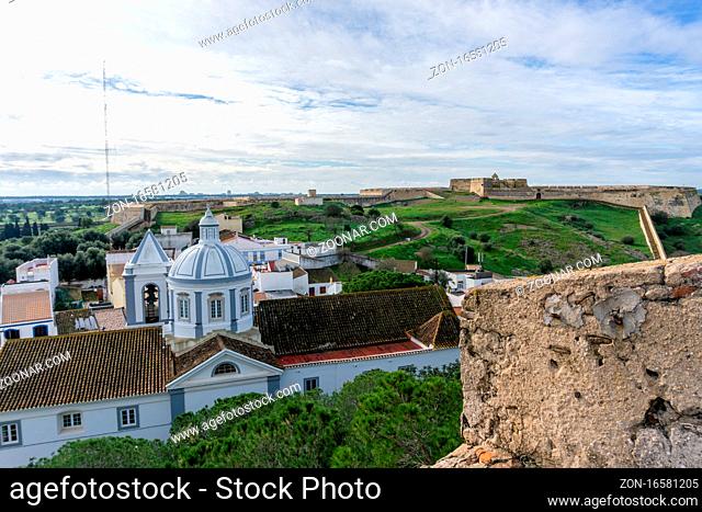 Castro Marim, Portugal - 5 January, 2020: the picturesque village of Castro Marim and castle behind