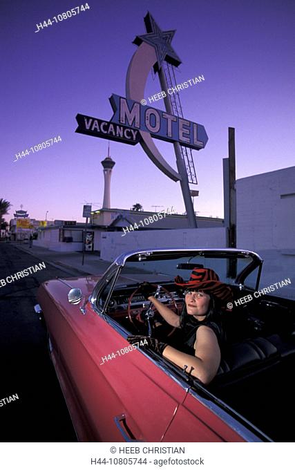 1962 Pink Cadillac Convertible, Downtown, Las Vegas, Nevada, USA, America, United States, woman, cowboyhat, model re
