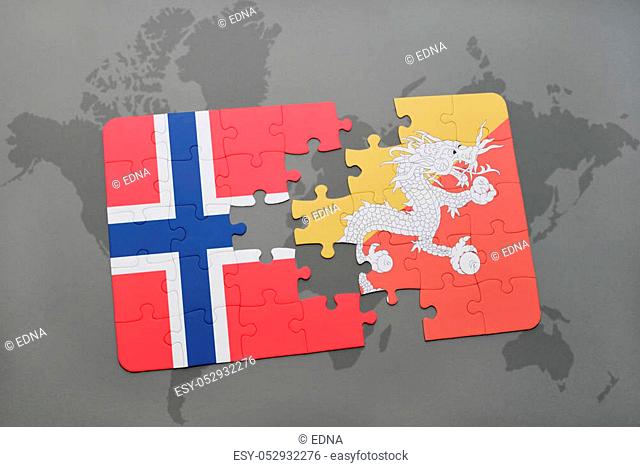 puzzle with the national flag of norway and bhutan on a world map background. 3D illustration