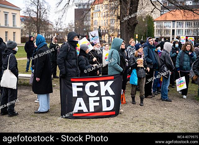 Berlin, Germany, Europe - About 80-100 people, mostly from the radical left and alternative scene, at a counter-protest to the AfD-rally (Alternative for...