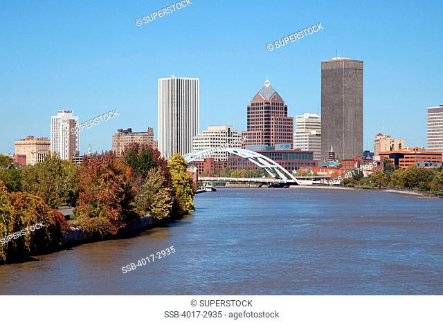 Bridge in front of downtown buildings, Anthony Douglas Bridge, Genesee River, Rochester, New York State, USA