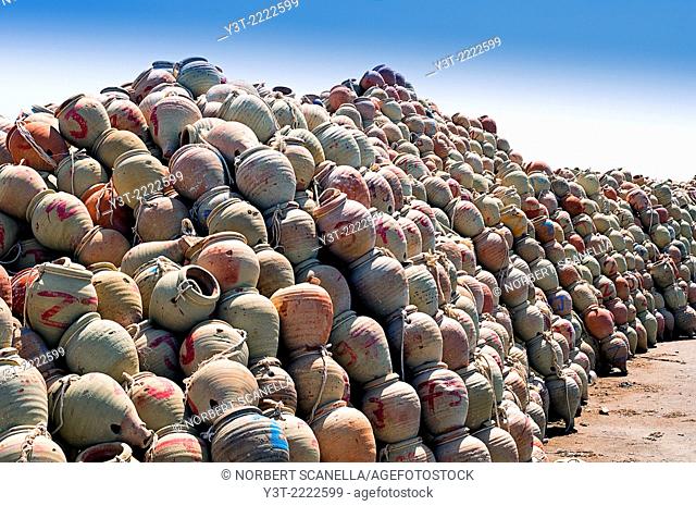 Africa, North Africa, Maghreb. Governorat of Medenine. Djerba island. Houmt Souk. Fishing port. Jars for fishing squid