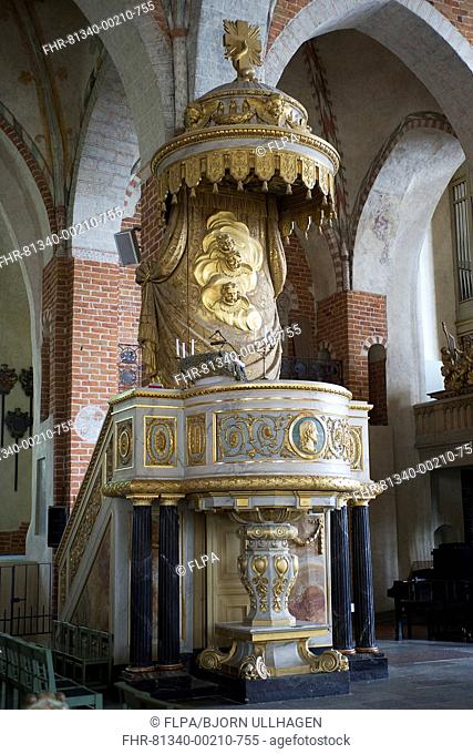 Ornate pulpit in cathedral, Strangnas Cathedral, Sodermanland, Sweden, august