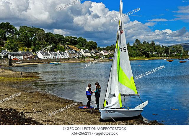 Sailing boat on shore of Loch Carron in Plockton, Ross and Cromarty, Scottish Highlands, Scotland, Great Britain